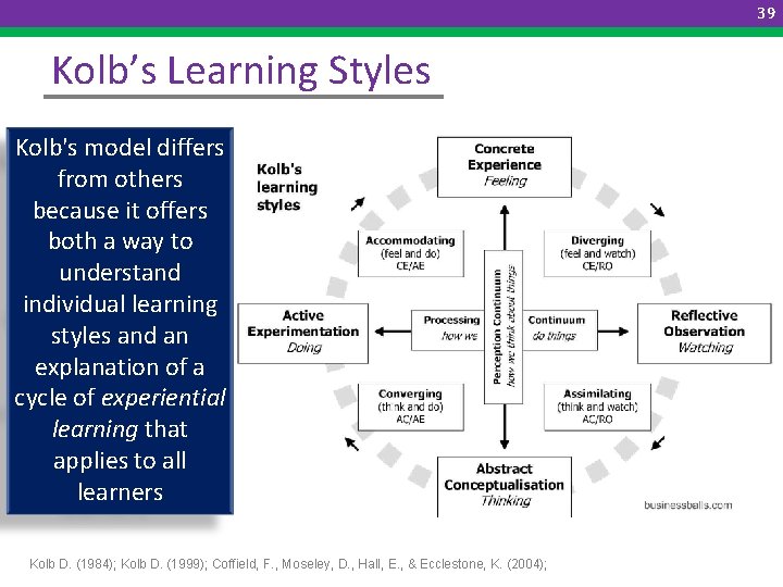 39 Kolb’s Learning Styles Kolb's model differs from others because it offers both a