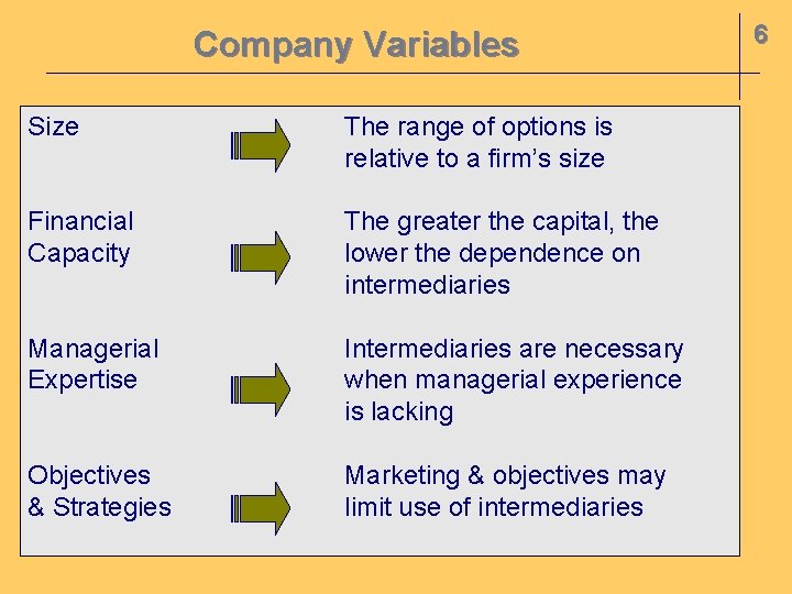 Company Variables Size The range of options is relative to a firm’s size Financial