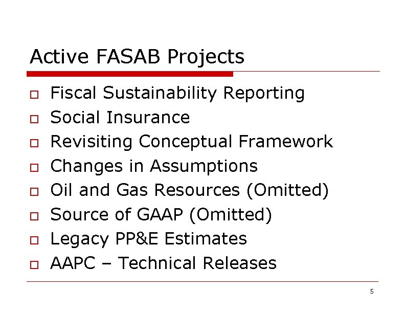 Active FASAB Projects o o o o Fiscal Sustainability Reporting Social Insurance Revisiting Conceptual