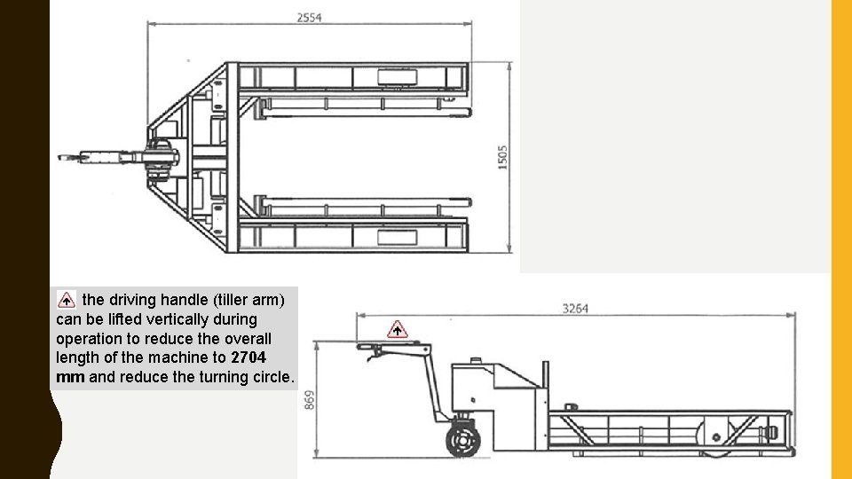 the driving handle (tiller arm) can be lifted vertically during operation to reduce the