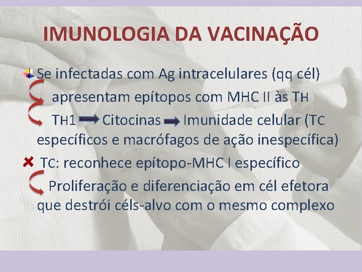 IMUNOLOGIA DA VACINAÇÃO Se infectadas com Ag intracelulares (qq cél) apresentam epítopos com MHC