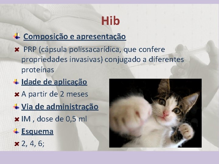 Hib Composição e apresentação PRP (cápsula polissacarídica, que confere propriedades invasivas) conjugado a diferentes