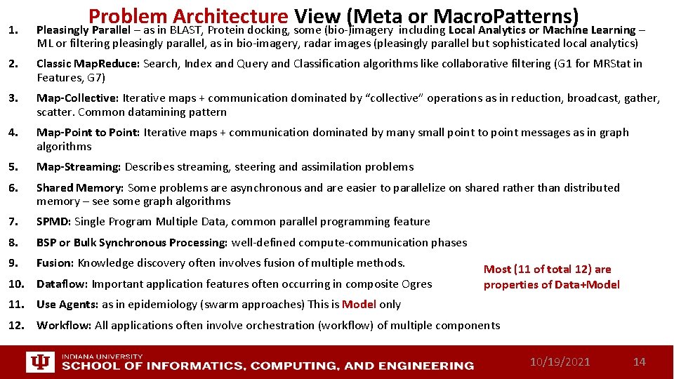 Problem Architecture View (Meta or Macro. Patterns) 1. Pleasingly Parallel – as in BLAST,