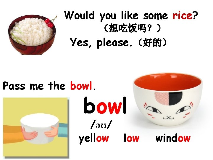 Would you like some rice? （想吃饭吗？） Yes, please. （好的） Pass me the bowl /əʊ/