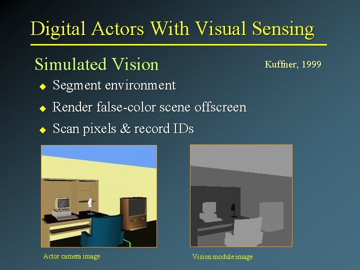 Digital Actors With Visual Sensing Simulated Vision Kuffner, 1999 u Segment environment u Render