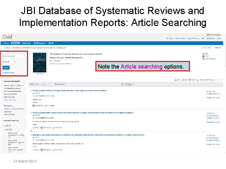 JBI Database of Systematic Reviews and Implementation Reports: Article Searching Note the Article searching