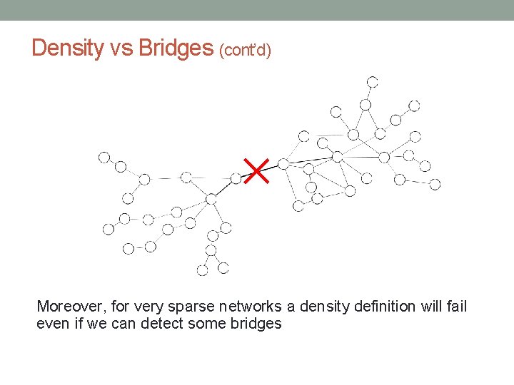 Density vs Bridges (cont’d) Moreover, for very sparse networks a density definition will fail
