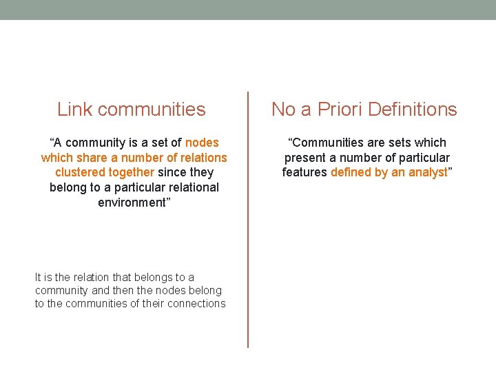 Link communities No a Priori Definitions “A community is a set of nodes which
