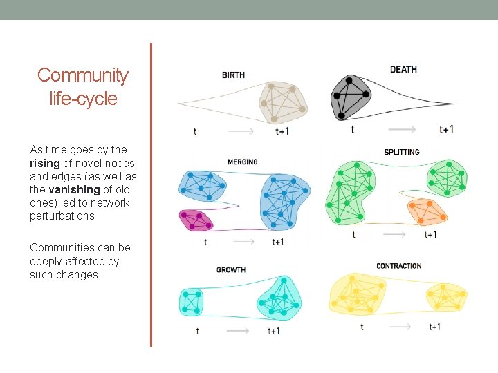 Community life-cycle As time goes by the rising of novel nodes and edges (as