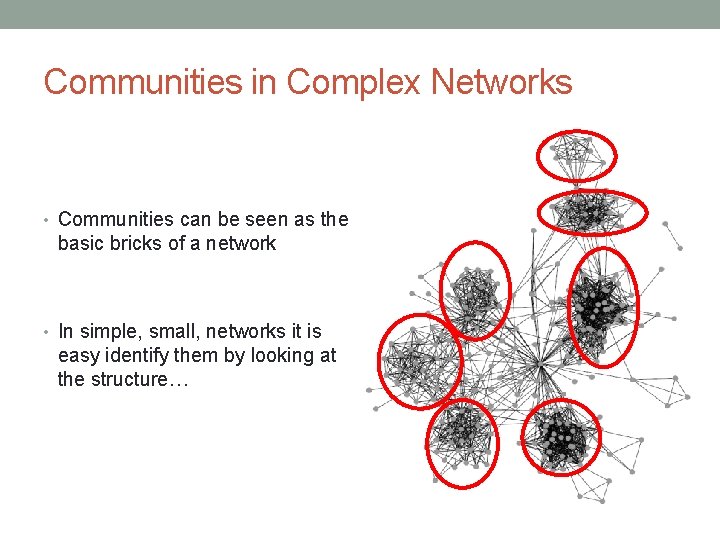 Communities in Complex Networks • Communities can be seen as the basic bricks of