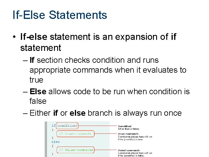 If-Else Statements • If-else statement is an expansion of if statement – If section