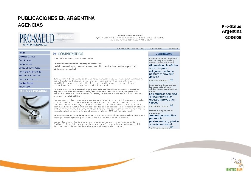 PUBLICACIONES EN ARGENTINA AGENCIAS Pro-Salud Argentina 02/06/09 