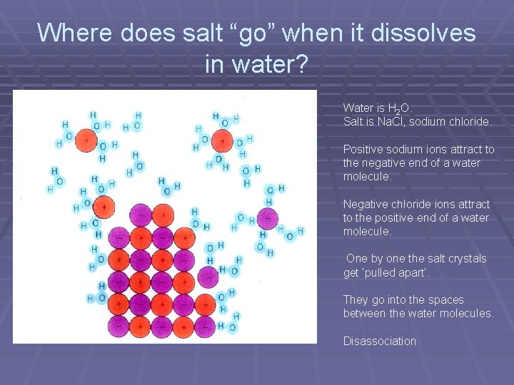 Where does salt “go” when it dissolves in water? Water is H 2 O.