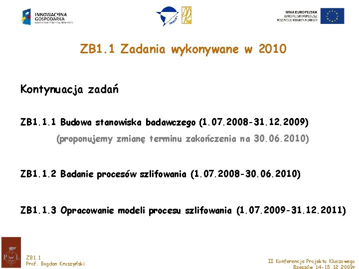 ZB 1. 1 Zadania wykonywane w 2010 Kontynuacja zadań ZB 1. 1. 1 Budowa