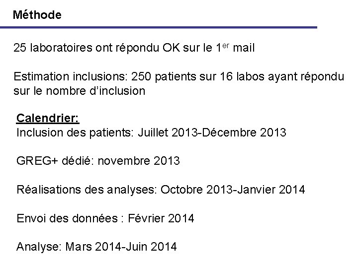 Méthode 25 laboratoires ont répondu OK sur le 1 er mail Estimation inclusions: 250