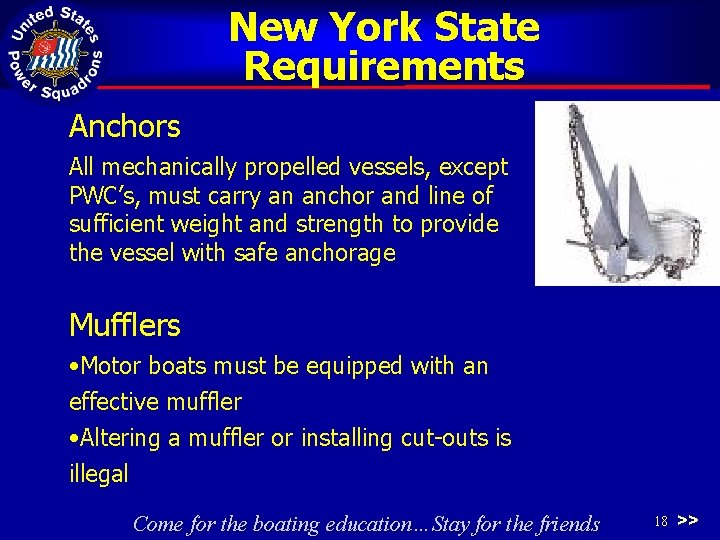 New York State Requirements Anchors All mechanically propelled vessels, except PWC’s, must carry an