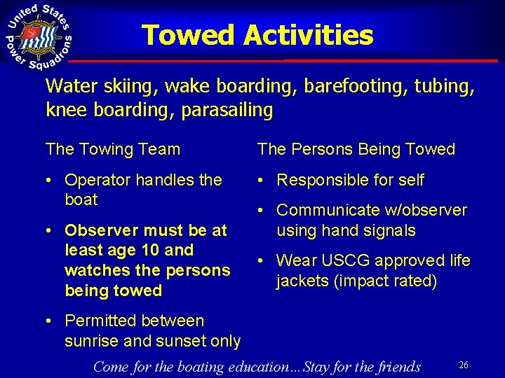 Towed Activities Water skiing, wake boarding, barefooting, tubing, knee boarding, parasailing The Towing Team