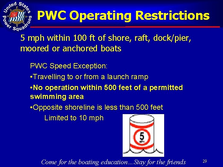 PWC Operating Restrictions 5 mph within 100 ft of shore, raft, dock/pier, moored or