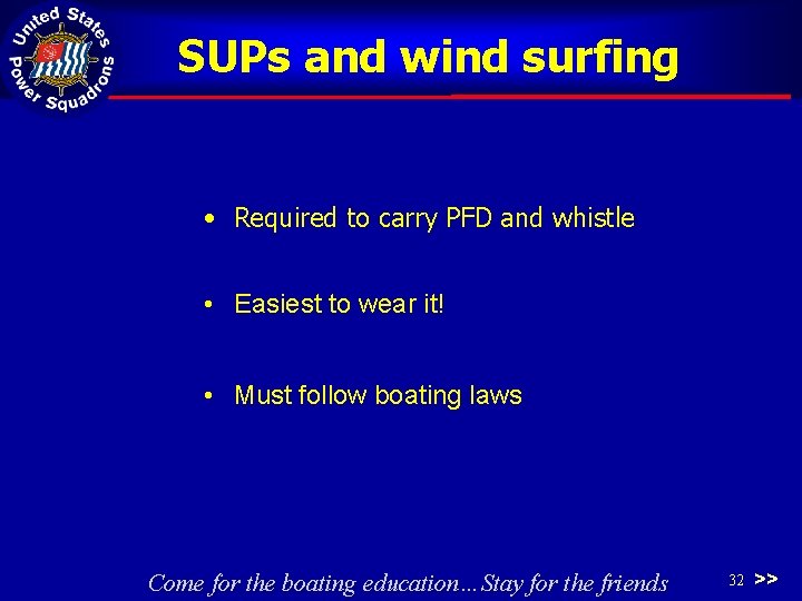 SUPs and wind surfing • Required to carry PFD and whistle • Easiest to