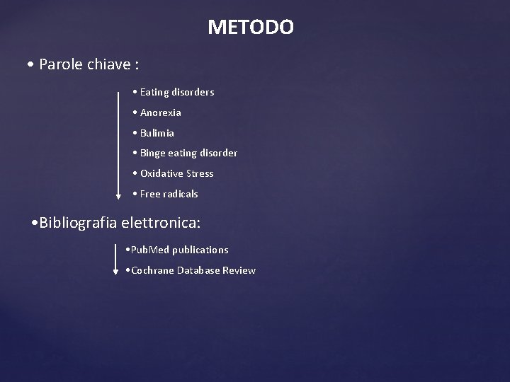 METODO • Parole chiave : • Eating disorders • Anorexia • Bulimia • Binge