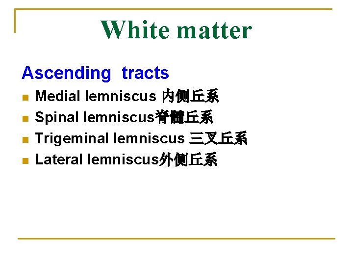 White matter Ascending tracts n n Medial lemniscus 内侧丘系 Spinal lemniscus脊髓丘系 Trigeminal lemniscus 三叉丘系