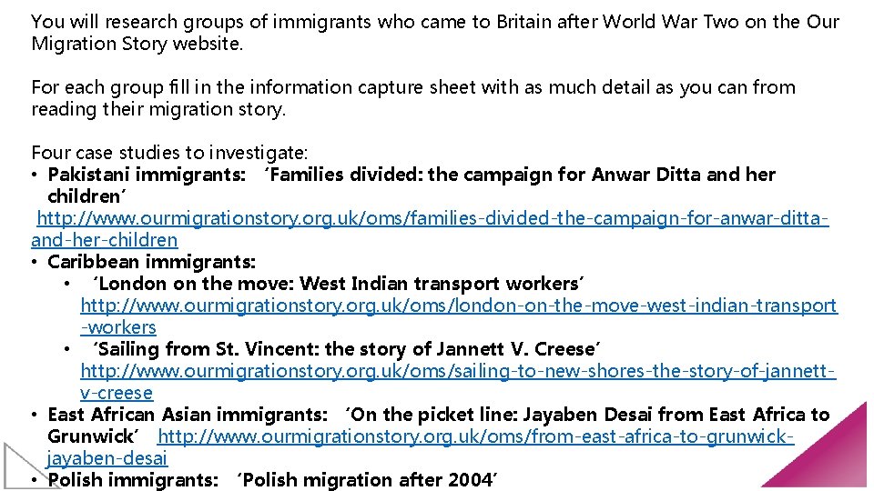 You will research groups of immigrants who came to Britain after World War Two
