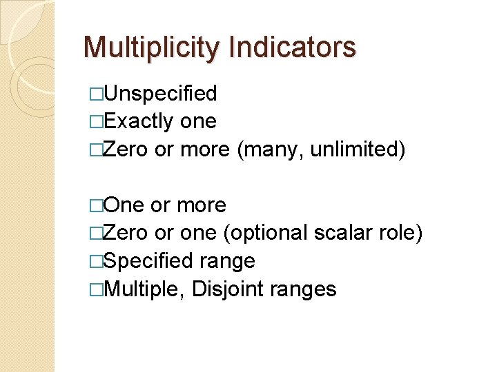 Multiplicity Indicators �Unspecified �Exactly one �Zero or more (many, unlimited) �One or more �Zero