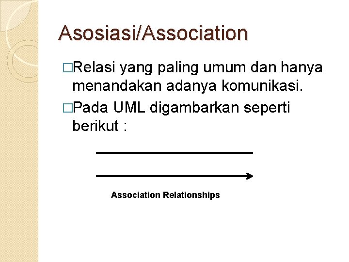 Asosiasi/Association �Relasi yang paling umum dan hanya menandakan adanya komunikasi. �Pada UML digambarkan seperti