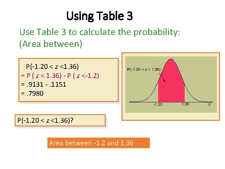 Using Table 3 Use Table 3 to calculate the probability: (Area between) P(-1. 20 Using Table 3 Use Table 3 to calculate the probability: (Area between) P(-1. 20