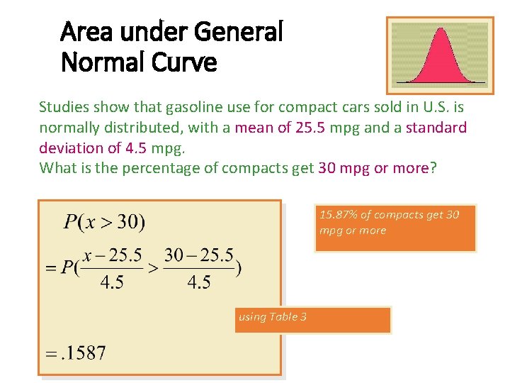 Area under General Normal Curve Studies show that gasoline use for compact cars sold Area under General Normal Curve Studies show that gasoline use for compact cars sold