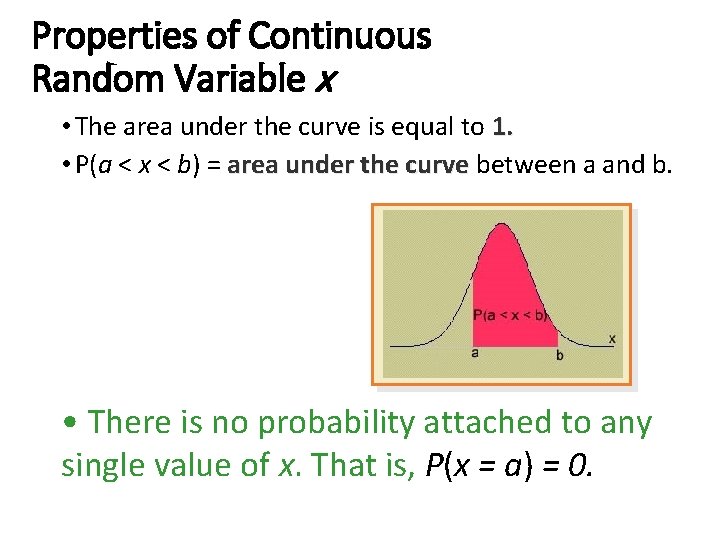 Properties of Continuous Random Variable x • The area under the curve is equal Properties of Continuous Random Variable x • The area under the curve is equal