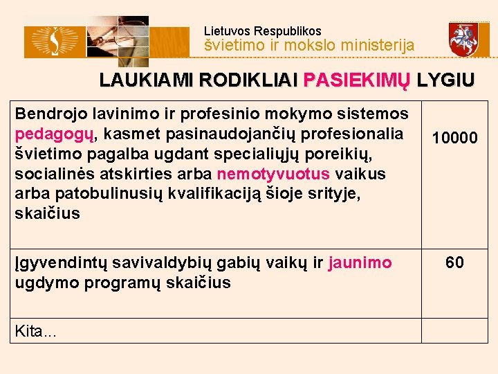 Lietuvos Respublikos švietimo ir mokslo ministerija LAUKIAMI RODIKLIAI PASIEKIMŲ LYGIU Bendrojo lavinimo ir profesinio