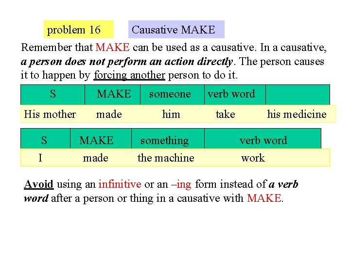 problem 16 Causative MAKE Remember that MAKE can be used as a causative. In