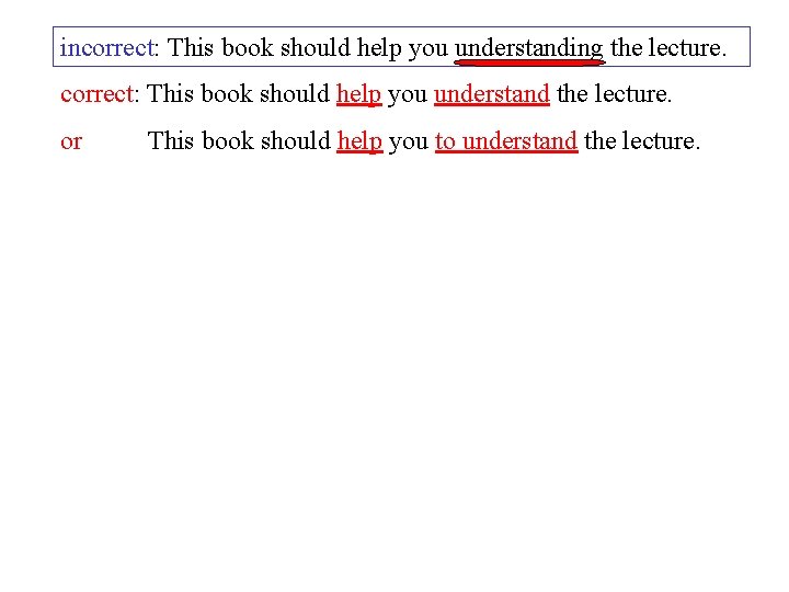 incorrect: This book should help you understanding the lecture. correct: This book should help