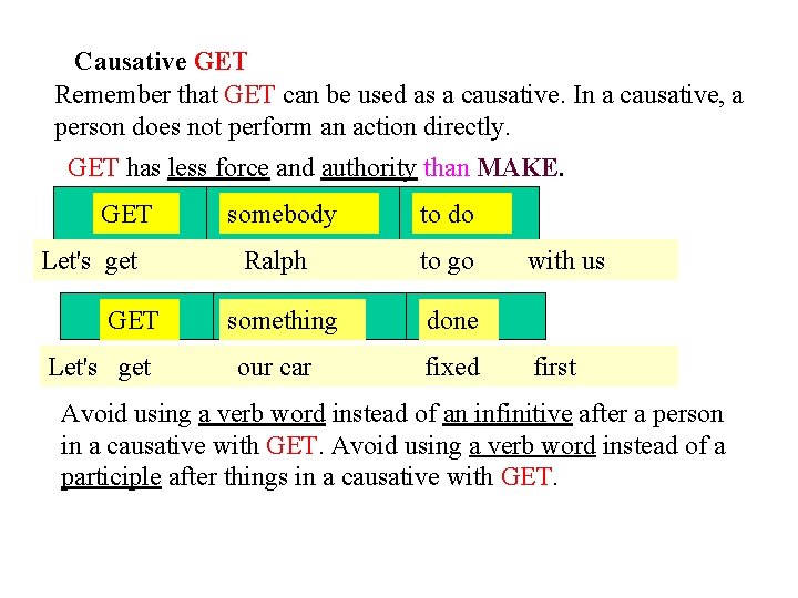 Causative GET Remember that GET can be used as a causative. In a causative,