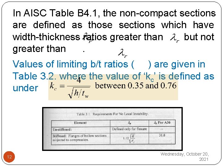 In AISC Table B 4. 1, the non compact sections are defined as those