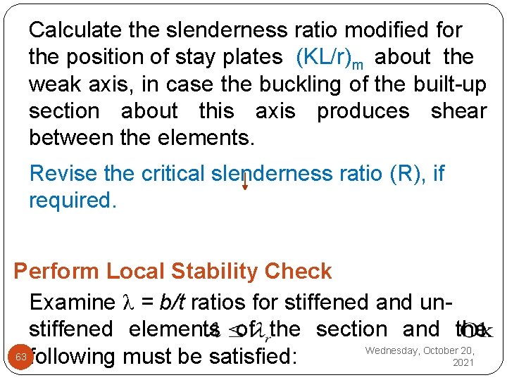 Calculate the slenderness ratio modified for the position of stay plates (KL/r)m about the