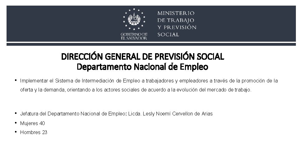 DIRECCIÓN GENERAL DE PREVISIÓN SOCIAL Departamento Nacional de Empleo • Implementar el Sistema de