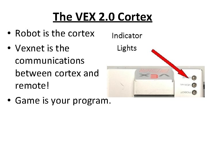 The VEX 2. 0 Cortex • Robot is the cortex • Vexnet is the