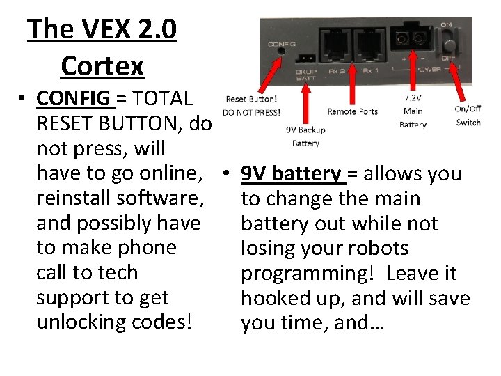 The VEX 2. 0 Cortex • CONFIG = TOTAL RESET BUTTON, do not press,