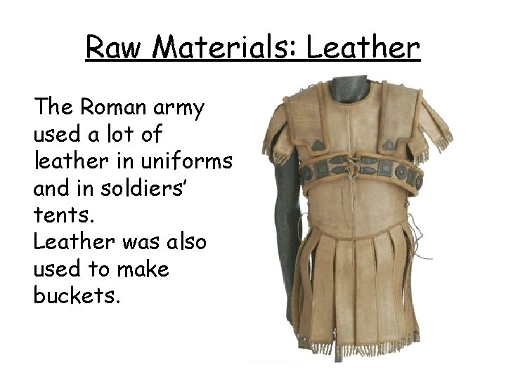 Raw Materials: Leather The Roman army used a lot of leather in uniforms and