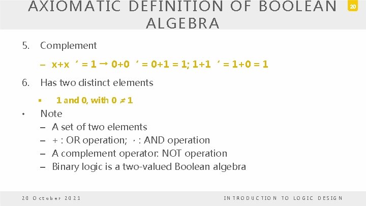 AXIOMATIC DEFINITION OF BOOLEAN ALGEBRA 5. Complement – x+x‘ = 1 → 0+0‘ = AXIOMATIC DEFINITION OF BOOLEAN ALGEBRA 5. Complement – x+x‘ = 1 → 0+0‘ =