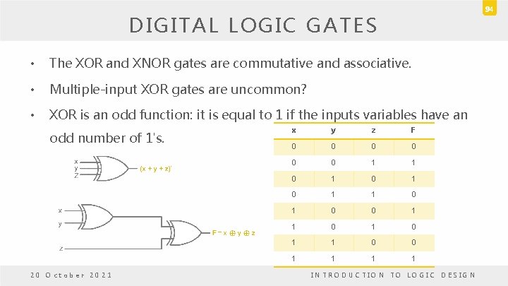 94 DIGITAL LOGIC GATES • The XOR and XNOR gates are commutative and associative. 94 DIGITAL LOGIC GATES • The XOR and XNOR gates are commutative and associative.
