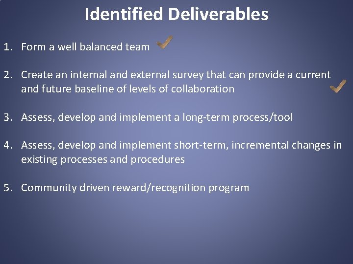 Identified Deliverables 1. Form a well balanced team 2. Create an internal and external