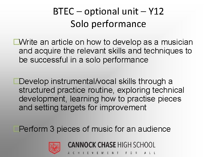 BTEC – optional unit – Y 12 Solo performance �Write an article on how