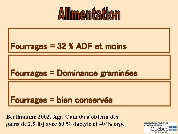 Fourrages = 32 % ADF et moins Fourrages = Dominance graminées Fourrages = bien