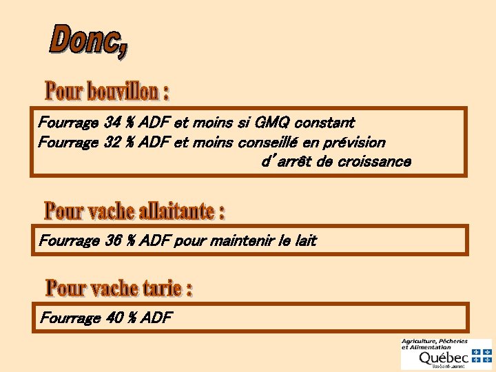 Fourrage 34 % ADF et moins si GMQ constant Fourrage 32 % ADF et