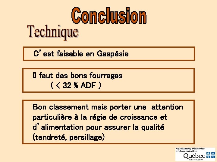 C’est faisable en Gaspésie Il faut des bons fourrages ( ‹ 32 % ADF