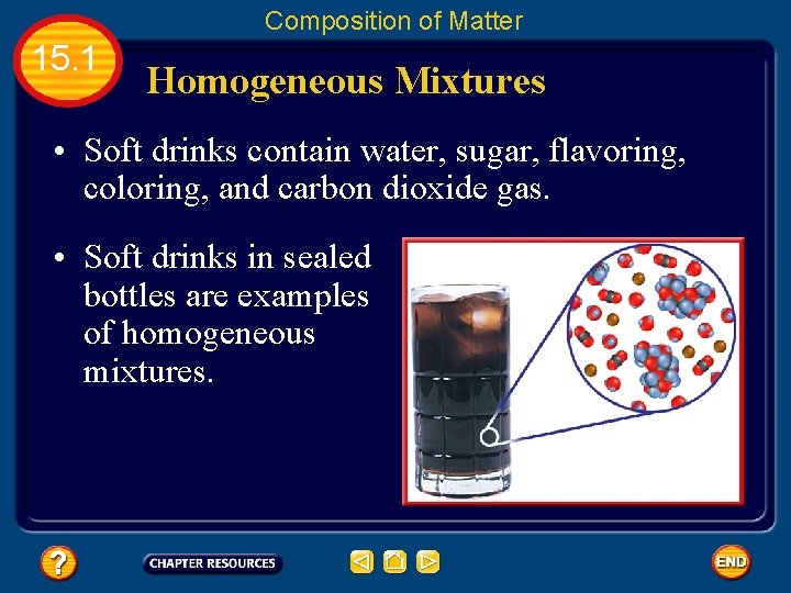 Composition of Matter 15. 1 Homogeneous Mixtures • Soft drinks contain water, sugar, flavoring,