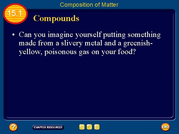 Composition of Matter 15. 1 Compounds • Can you imagine yourself putting something made